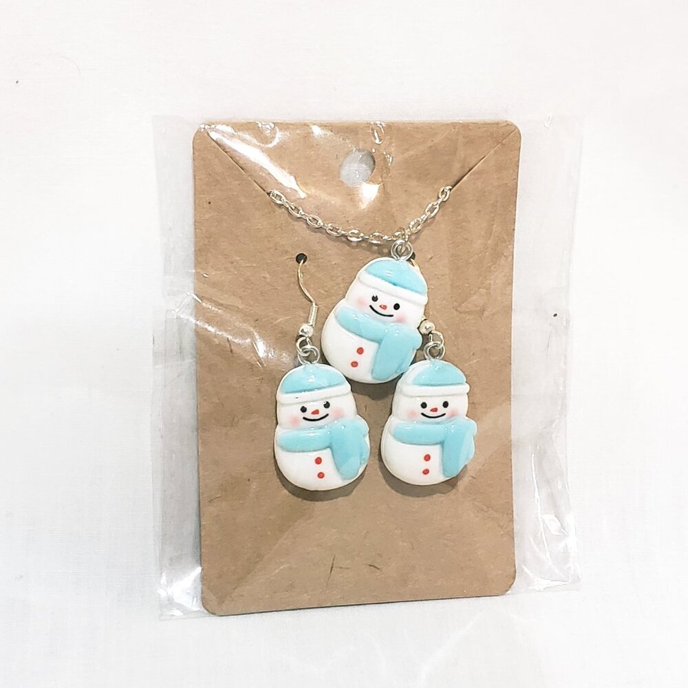 Snowman Christmas Earrings Necklace Jewelry Set Silver Tone White Blue Present